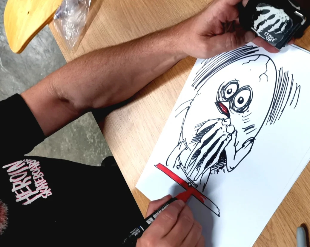 close up collaboration with heroin skateboard drawing