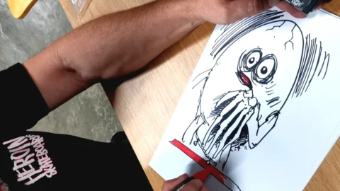close up collaboration with heroin skateboard drawing