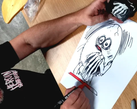 close up collaboration with heroin skateboard drawing